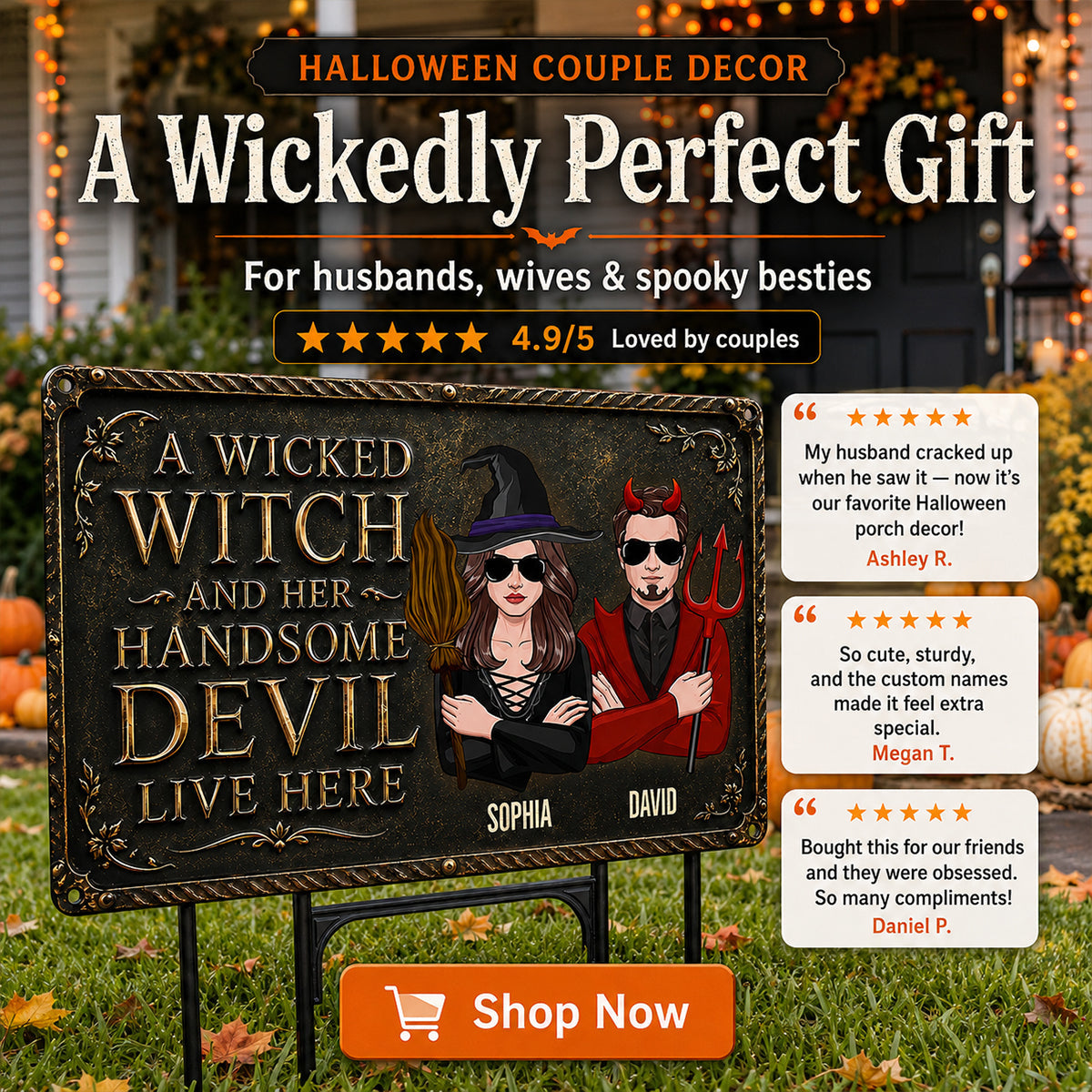 A Wicked Witch and Her Handsome Devil Live Here - Personalized Metal Sign - Halloween Decor for Couples