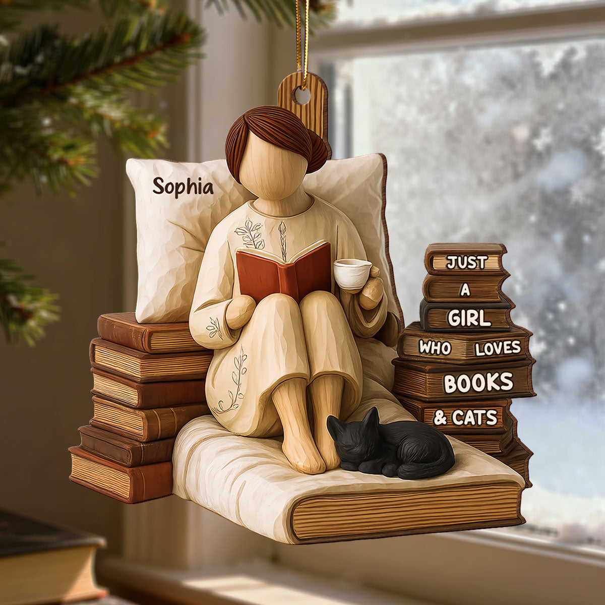 Just A Girl Who Loves Books & Cats 3D Effect - Personalized Wooden Ornament - Christmas Gift For Book Lover, Bookworm