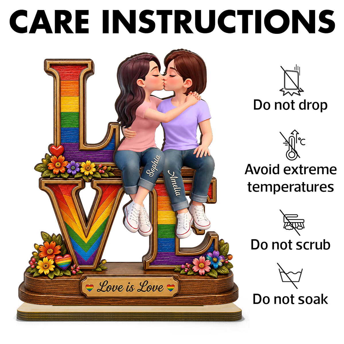 Love Is Love LGBT+ Couple Rose - Personalized 2-Layered Wooden Plaque - Gift For Couple, Happy Pride Month
