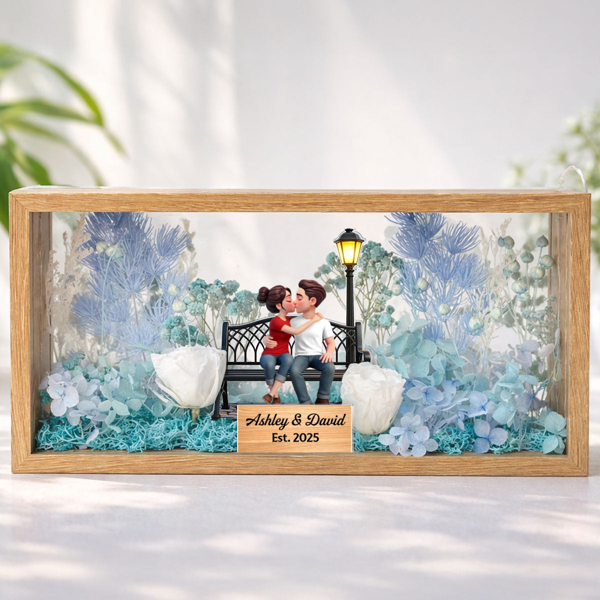 Eternal Love Couple Sitting Kissing - Personalized DIY Flower Shadow Box LED Night Light - Gift For Couple, For Him, For Her