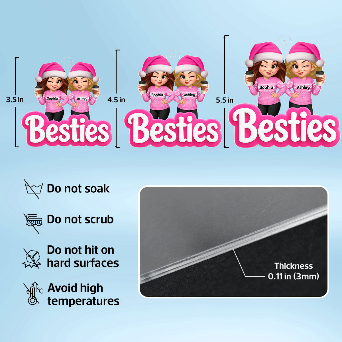 Pink Besties Sisters 3D Effect - Personalized Acrylic Ornament - Christmas Gift for Best Friends, for Sisters