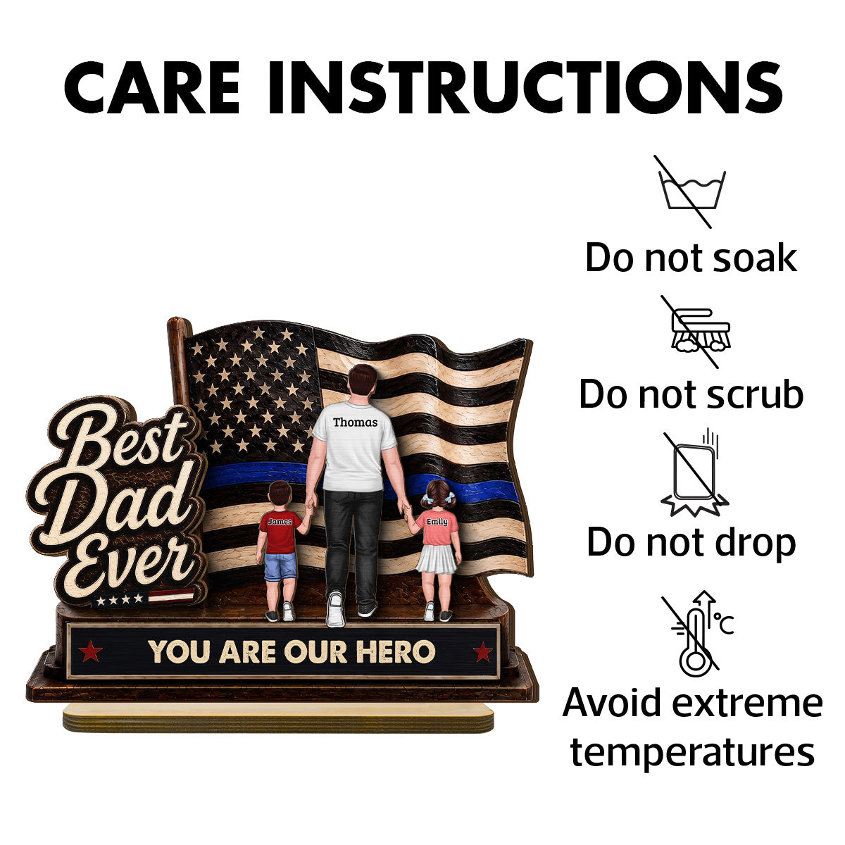 Best Dad Ever Our Hero American Flag 2D Flat - Personalized 2-Layered Wooden Plaque - Gift For Patriotic Dad, Grandpa, Husband
