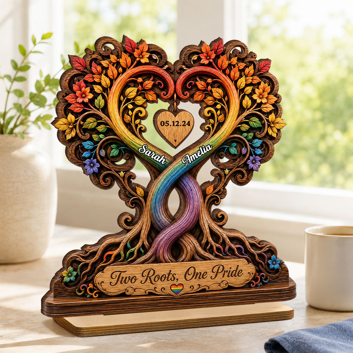 Two Roots One Pride LGBTQ+ Couple - Personalized 2-Layered Wooden Plaque - Heartfelt Anniversary Gift for Her, for Him