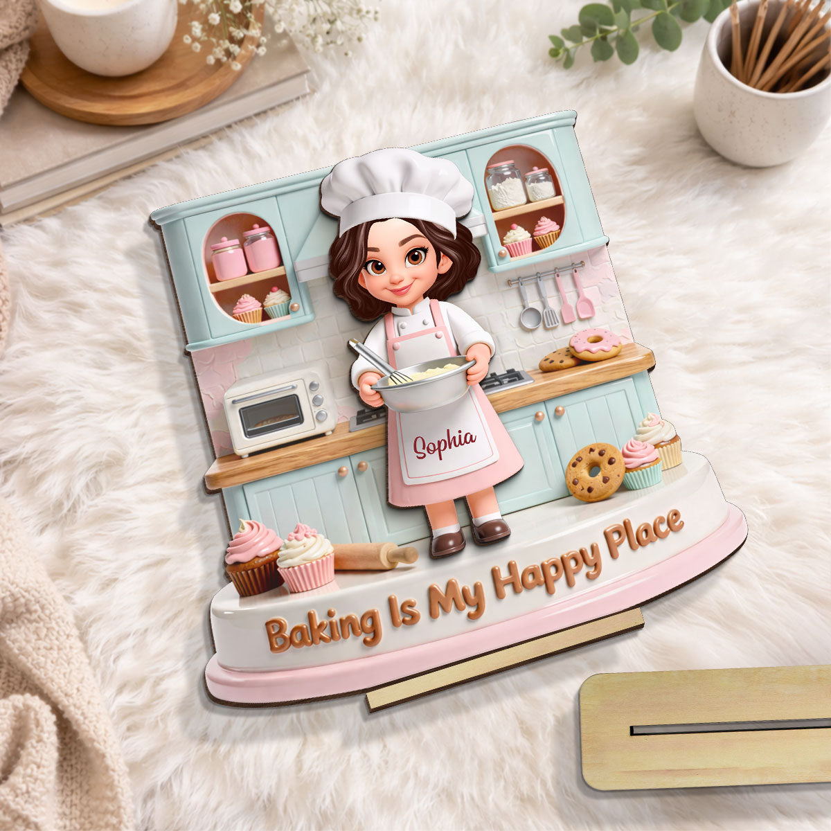 Baking Is My Happy Place - Personalized 2-Layered Wooden Plaque - Gift For Mom, Grandma