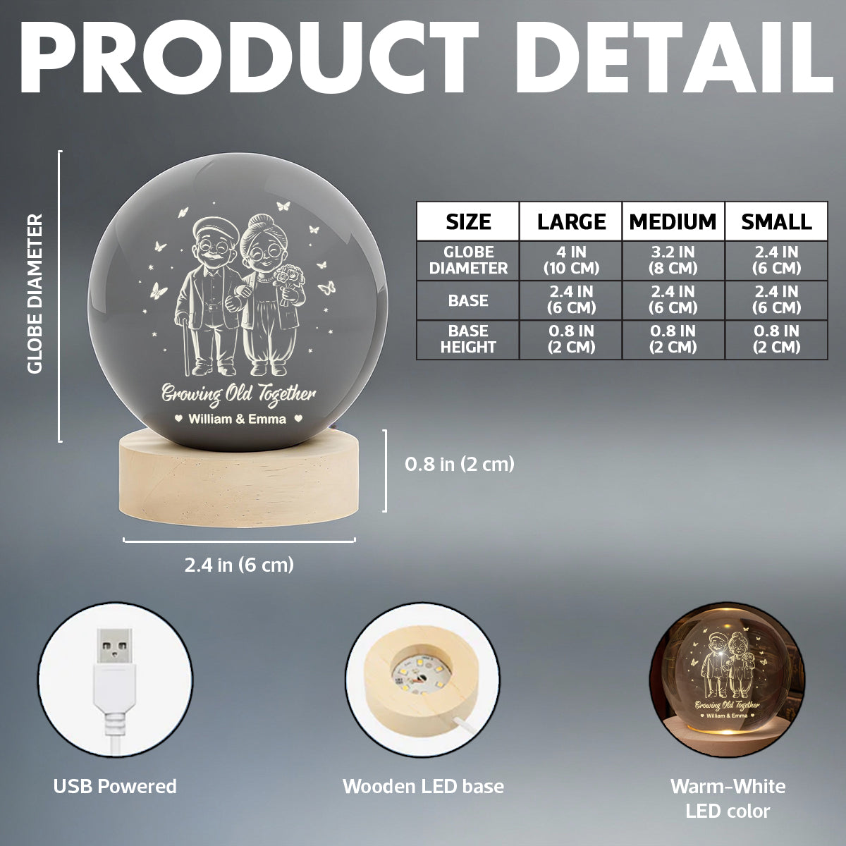 Couple Growing Old Together - Personalized Crystal Ball LED Night Light - Heartfelt Valentine's Day Gift for Her, for Him