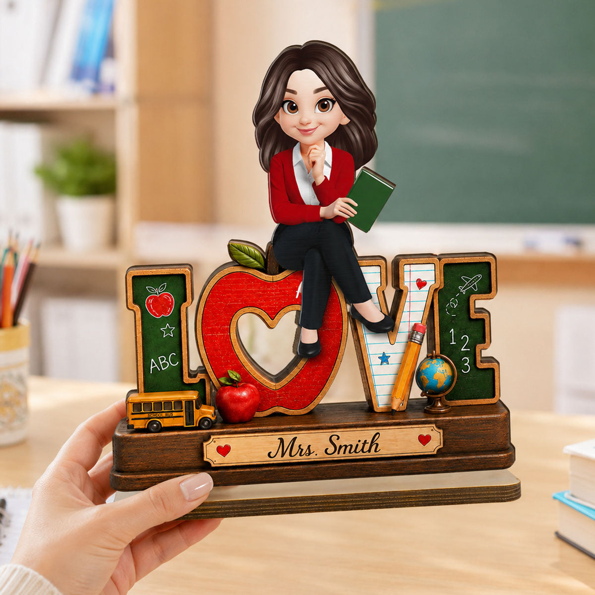 Love Pretty Teacher - Personalized 2-Layered Wooden Plaque - Back To School Gift For Teacher, Office Decor