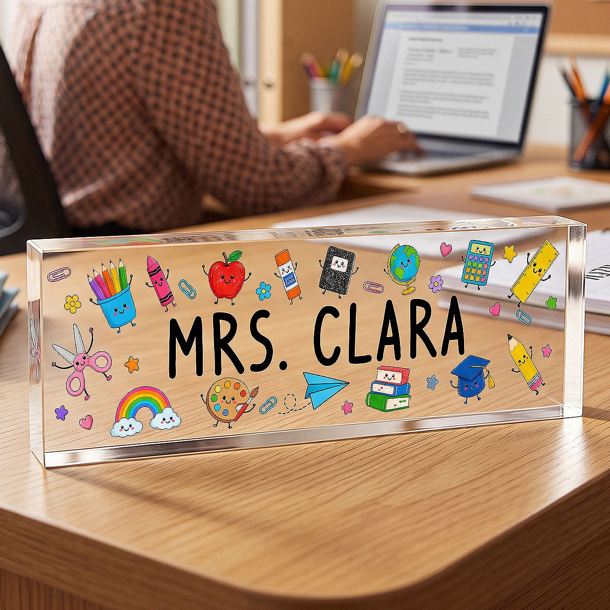 Teacher Name Cute School Supplies - Personalized Acrylic Desk Name Plate, Back To School Gift For Teacher, Office Decor