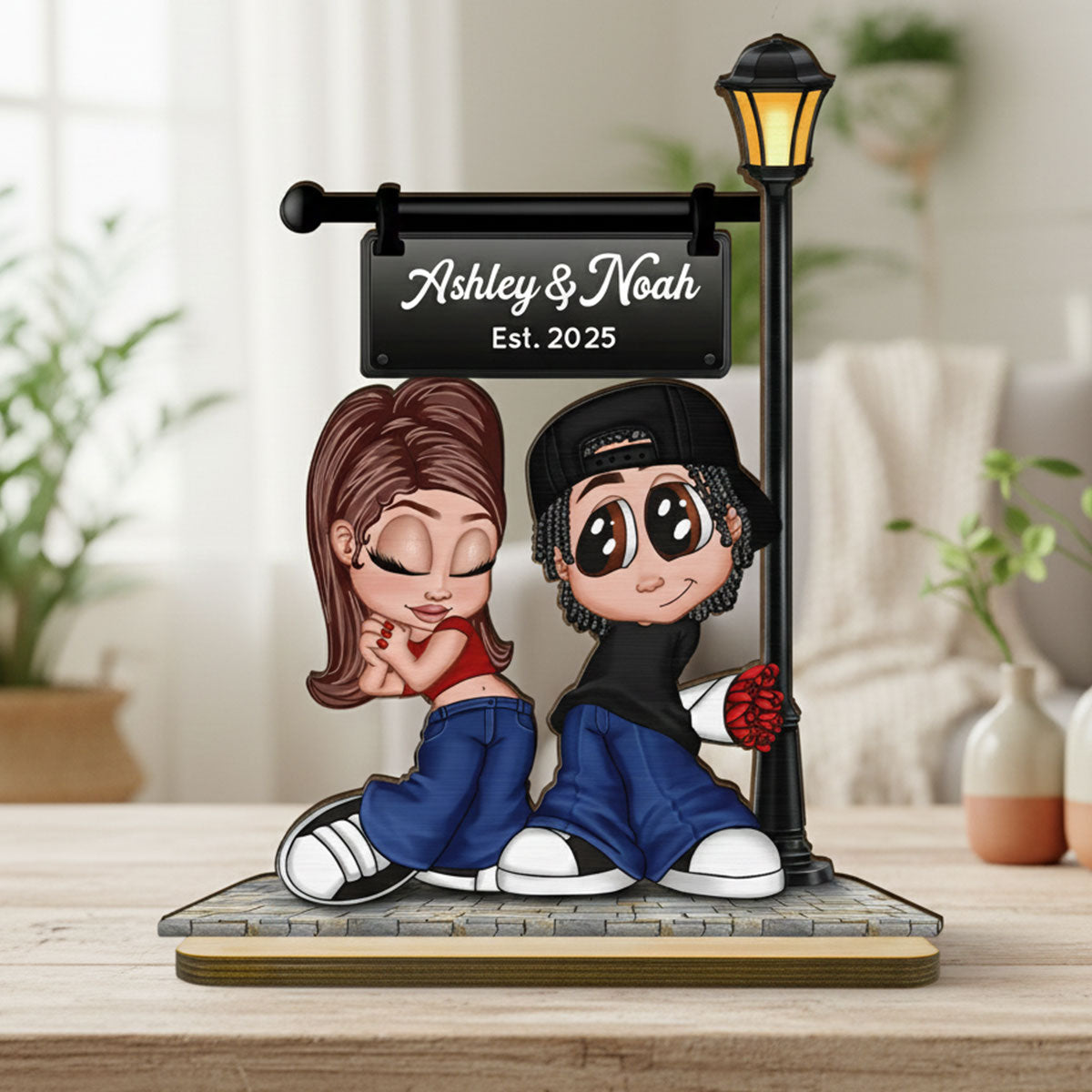 Eternal Love Y2K Couple Under Street Lamp Post - Personalized 2-Layer Wooden Plaque - Gift For Couple, Gift For Him, For Her