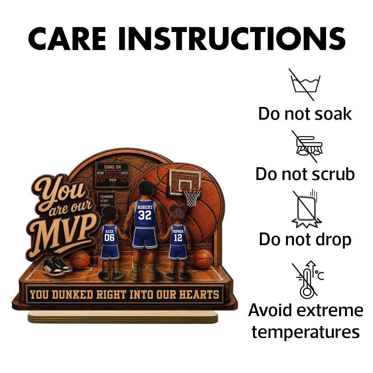 You Are Our MVP Standing Basketball Man & Kids 2D Flat - Personalized 2-Layered Wooden Plaque - Gift For Basketball Dad