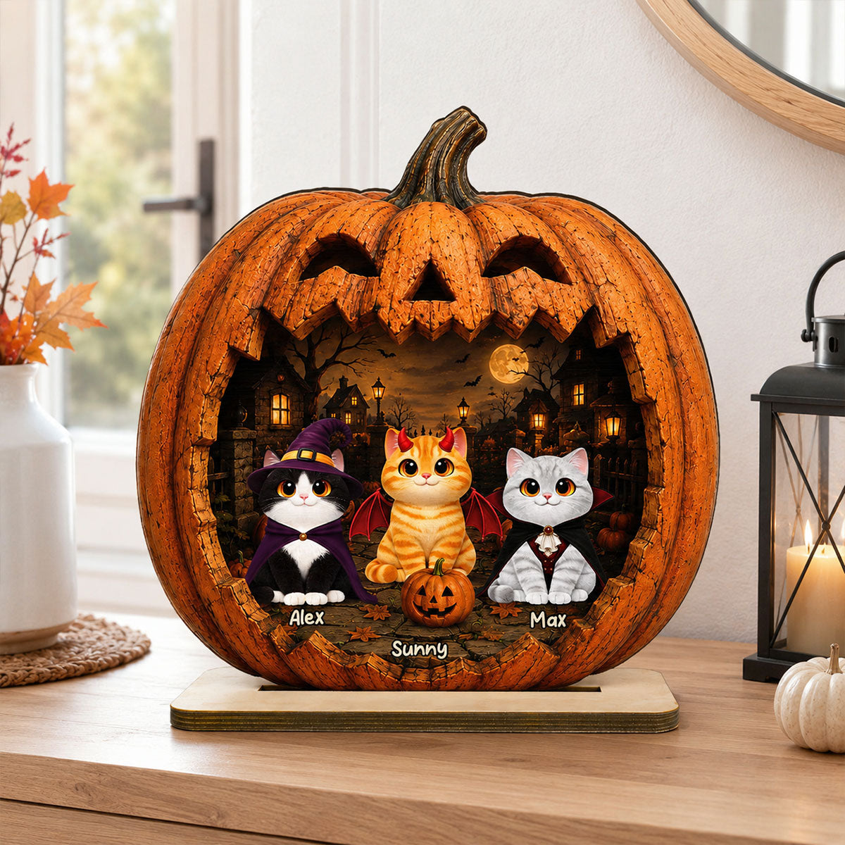 Spooky Halloween Pumpkin Cats 2D Flat Printed - Personalized 2-Layered Wooden Plaque - Halloween Decor For Cat Lovers