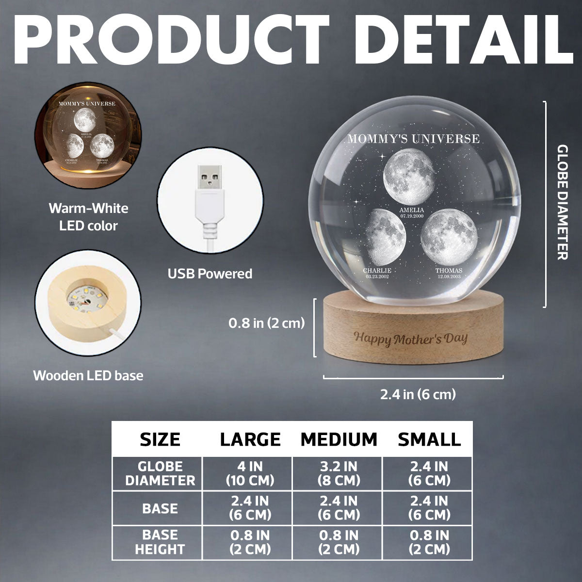 Mommy's Universe, Custom Moon Phase by Date - Personalized Crystal Ball LED Night Light - Mother's Day Gift for Mom, Wife