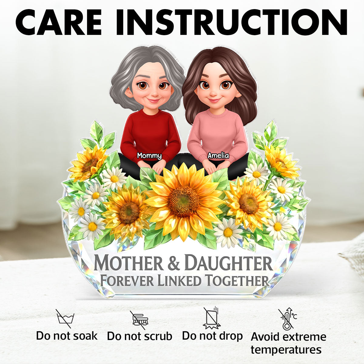 Mother Daughter Forever Linked Together Sunflower Pattern - Personalized Acrylic Block Plaque - Heartfelt Gift for Mom, Wife