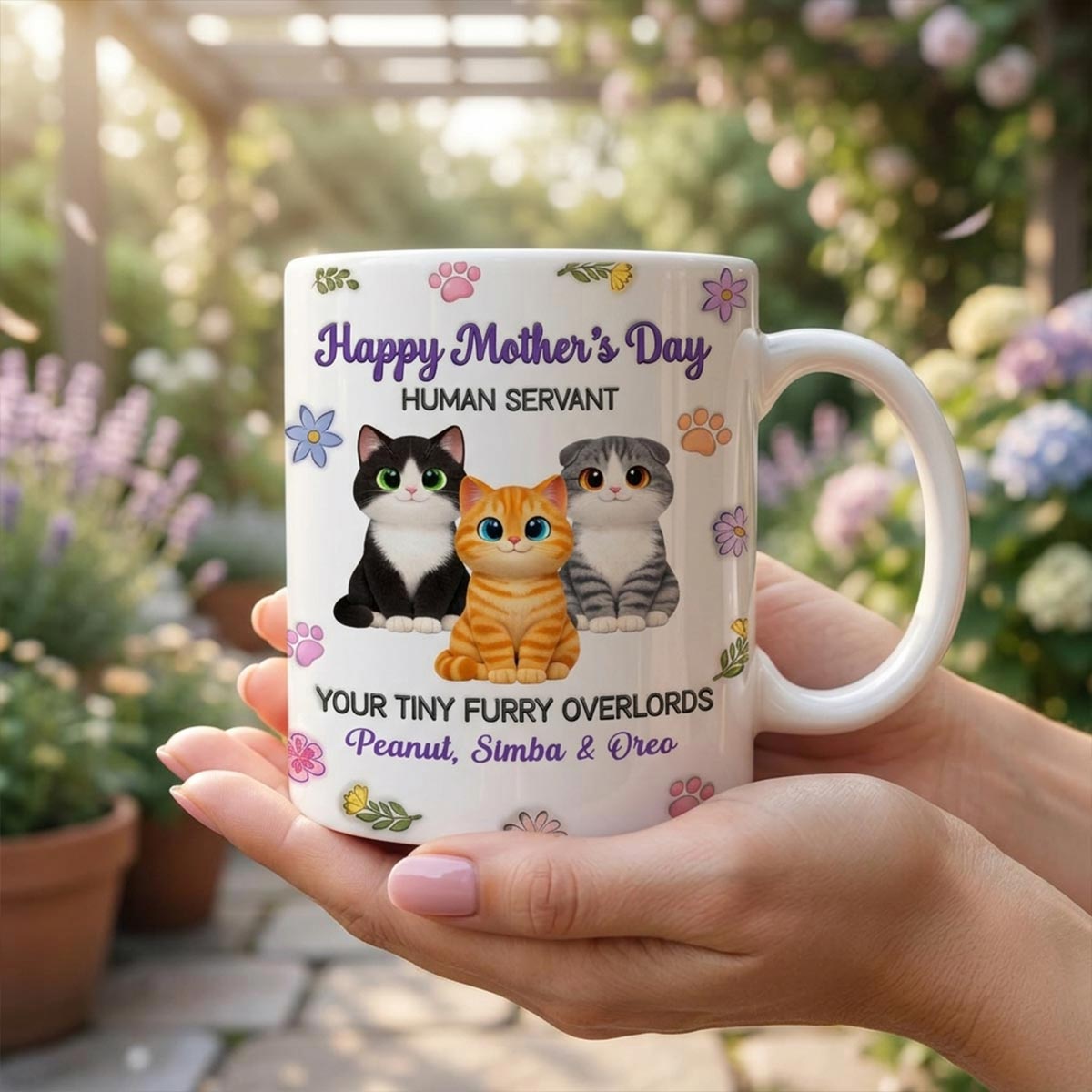 Adorable Cats Happy Mother's Day Human Servant 2D Flat Floral - Personalized Mug - Funny Mother's Day Gift For Cat Mom, Cat Lovers
