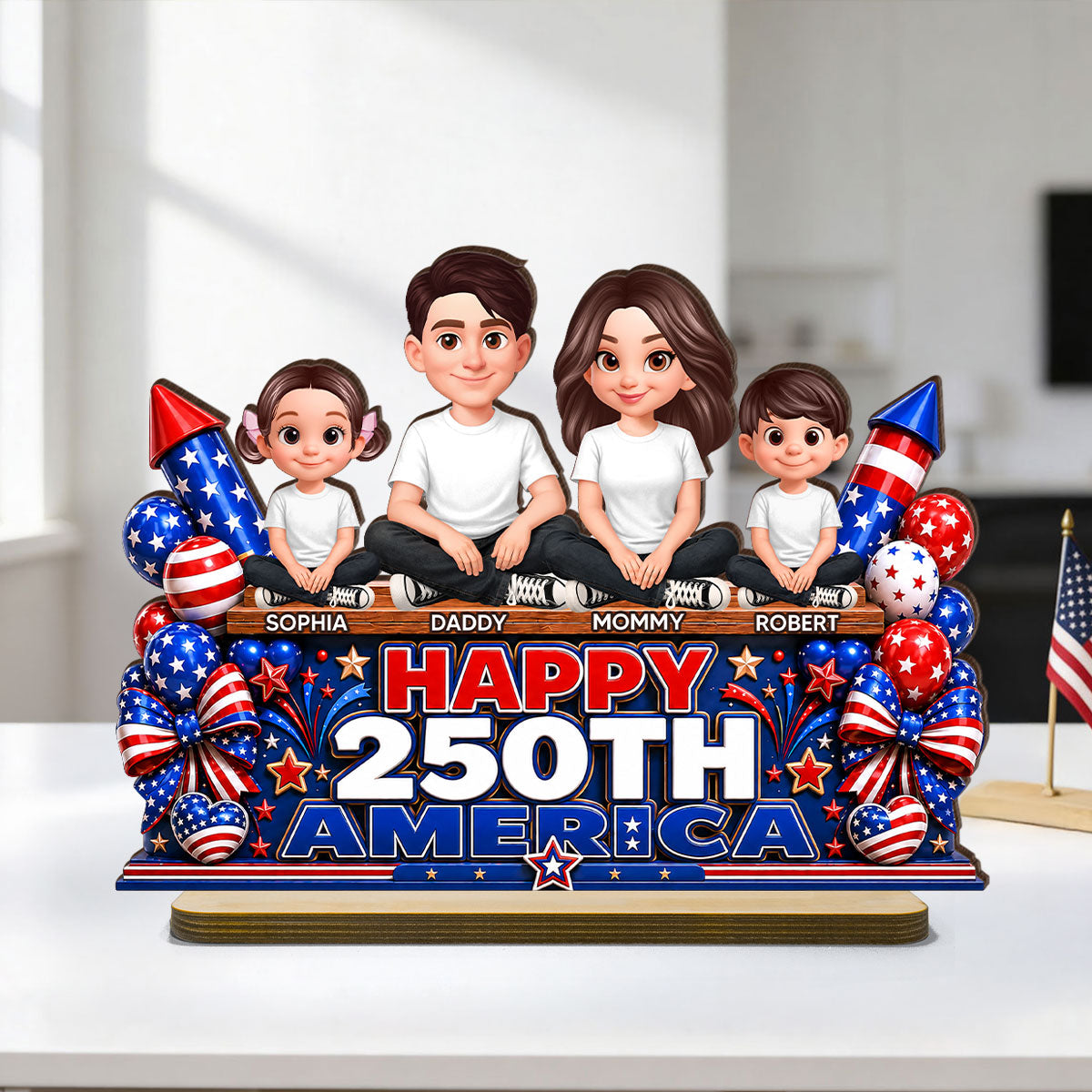 Proud Patriotic Family Happy 250th America Anniversary - Personalized 2-Layered Wooden Plaque - Gift For Family, 4th of July Decoration