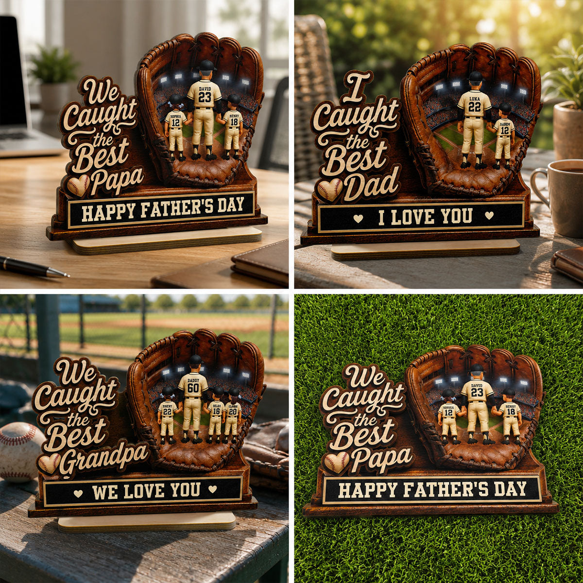 We Caught The Best Grandpa Man & Kids In Glove - Personalized 2-Layered Wooden Plaque - Happy For Baseball Grandpa