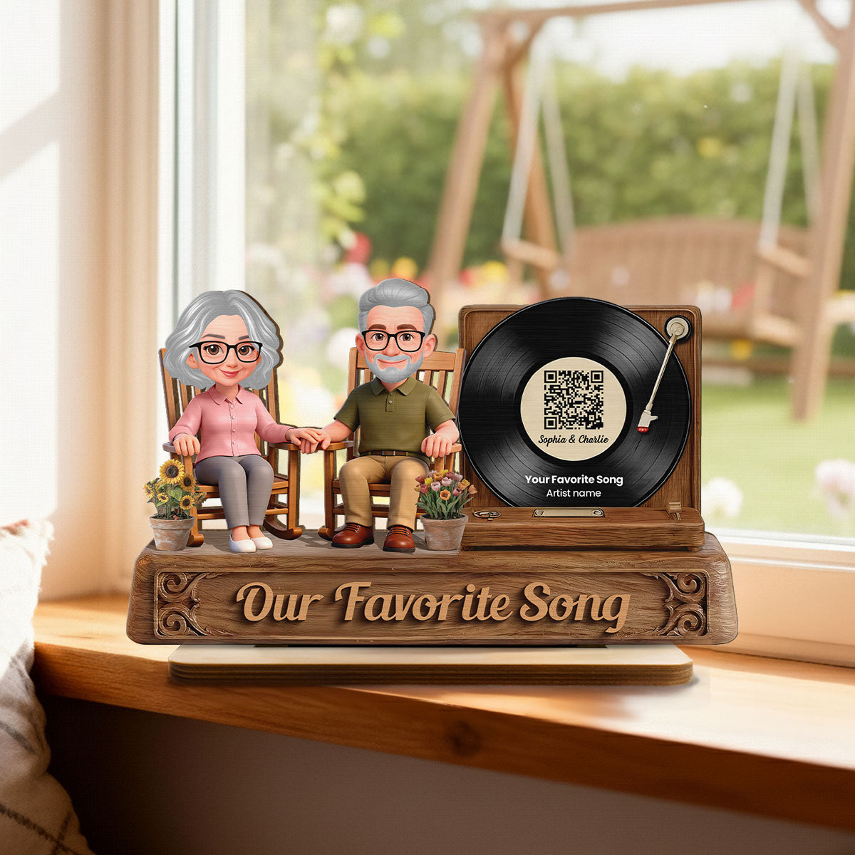 3D Effect Old Couple Sitting On Rocking Chair Favorite Song - Personalized 2-Layered Wooden Plaque