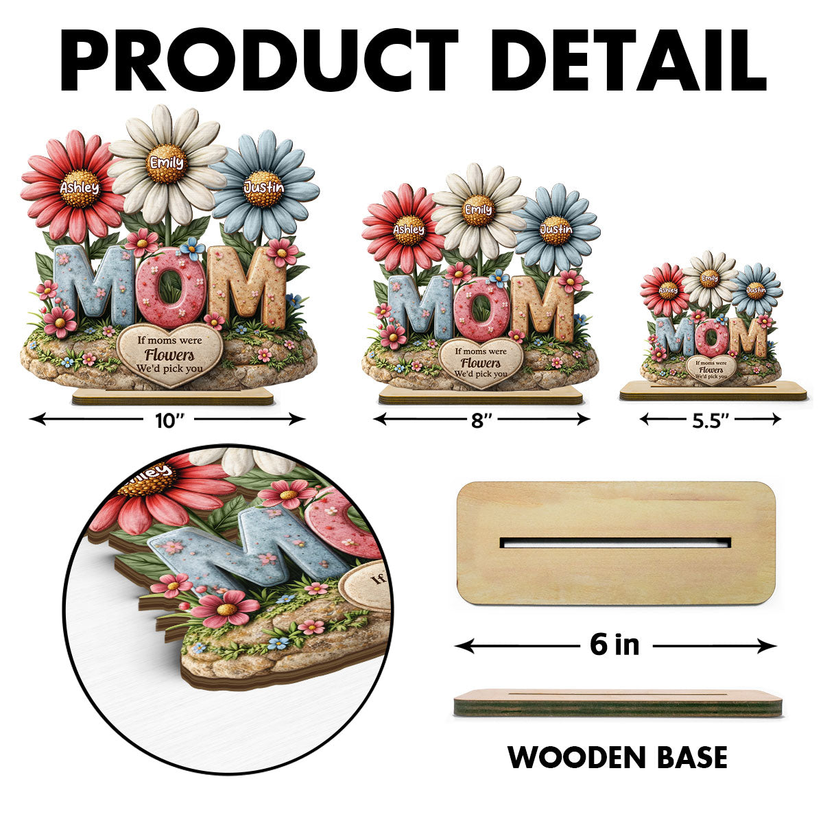 If Moms Were Flowers We'd Pick You - Personalized 2-Layered Wooden Plaque - Mother's Day Gift for Mom, Wife