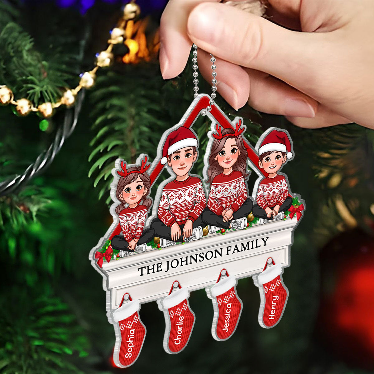 Family Sitting On Christmas Mantel With Stocking Personalized Acrylic Ornament