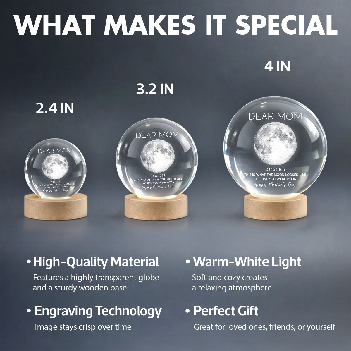 Dear Mom The Day You Were Born Custom Birth Moon Phase - Personalized Crystal Ball LED Night Light - Mother's Day Gift For Mom