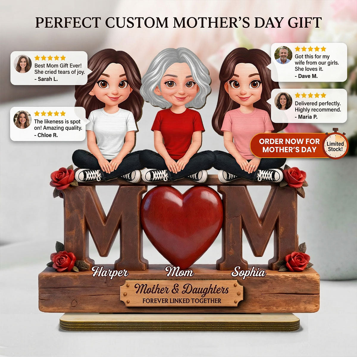 Beautiful Rose Love MOM And Daughters Sons - Personalized 2-Layered Wooden Plaque - Gift For Mom