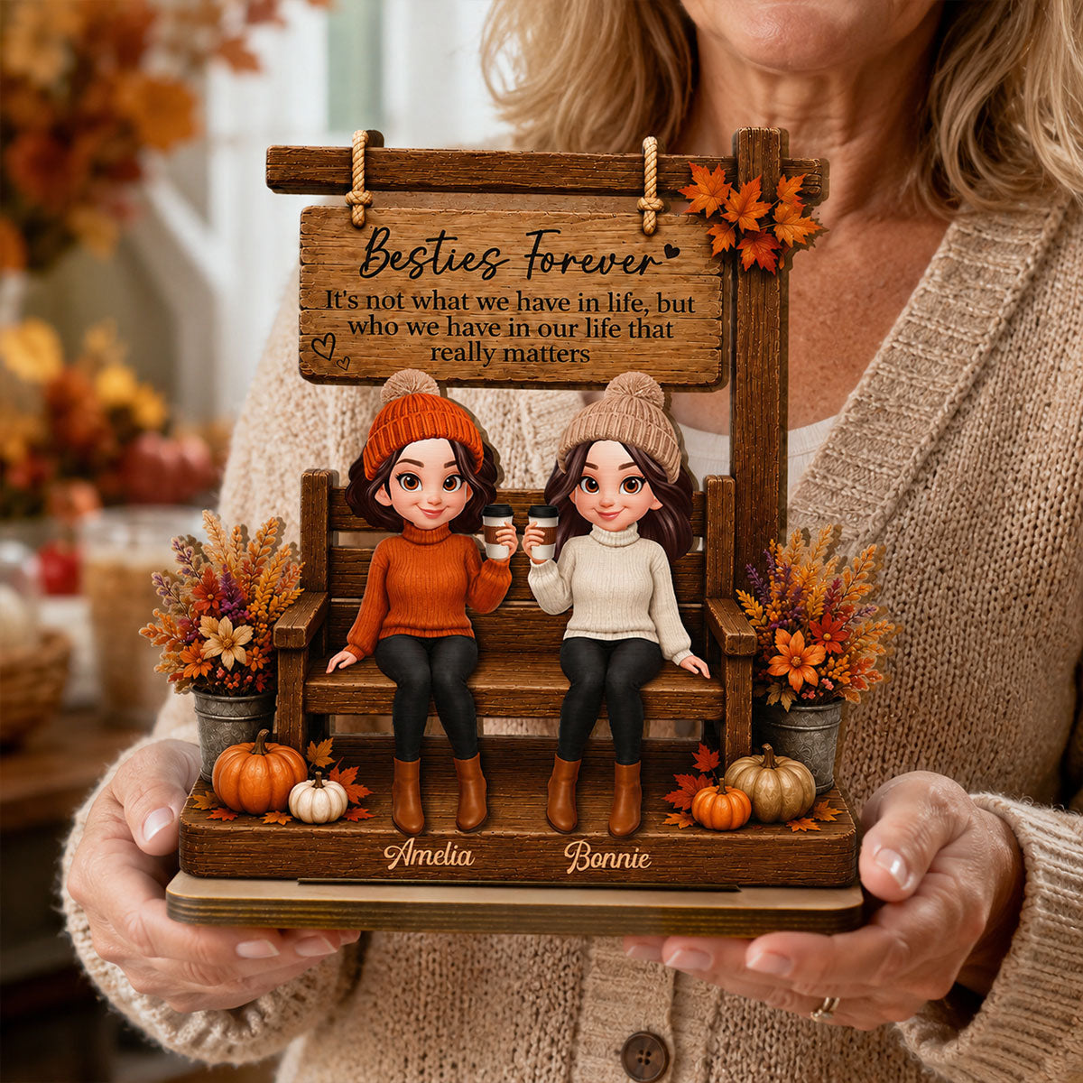 Fall Season Besties Under Sign Post 2D Flat - Personalized Wooden Plaque