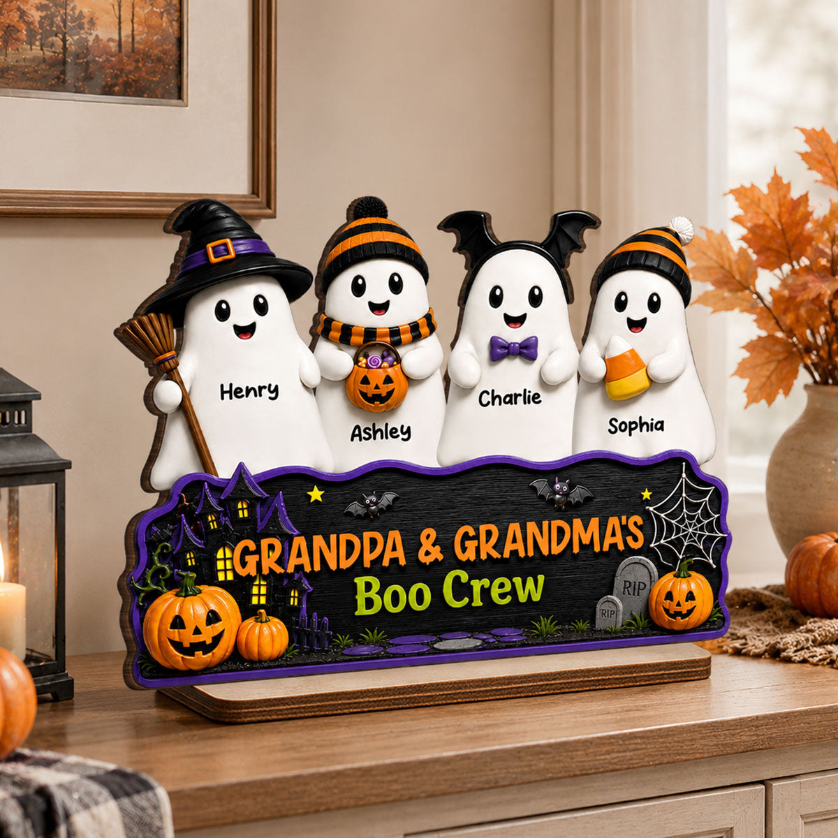 Halloween Grandma Grandpa Haunted House Cute Boo Crew Kids - Personalized 2-Layered Wooden Plaque - Halloween Decoration For Grandparents
