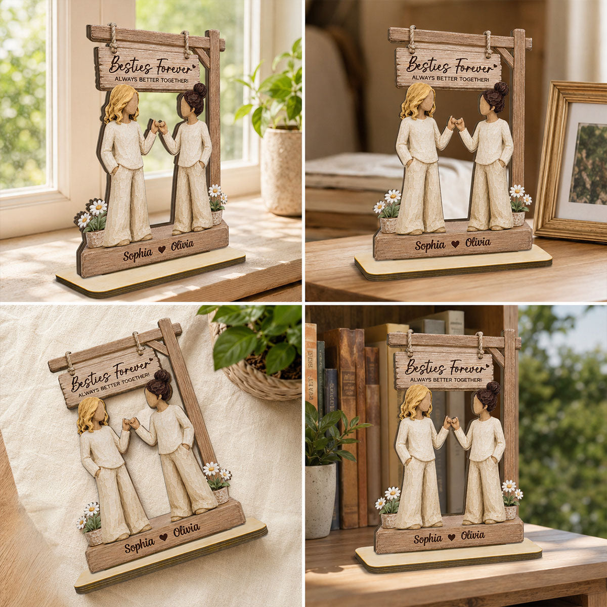 Besties Forever Pinky Promise Under Sign Post 2D Flat - Personalized 2-Layered Wooden Plaque - Friendship Keepsake