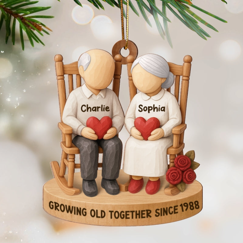 Old Couple Sitting on Chair - Personalized Wooden Ornament - Christmas Gift for him, Gift for her