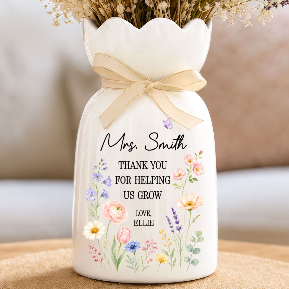 Thank You For Helping Us Grow - Personalized Ceramic Flower Vase - Teacher Appreciation Gift
