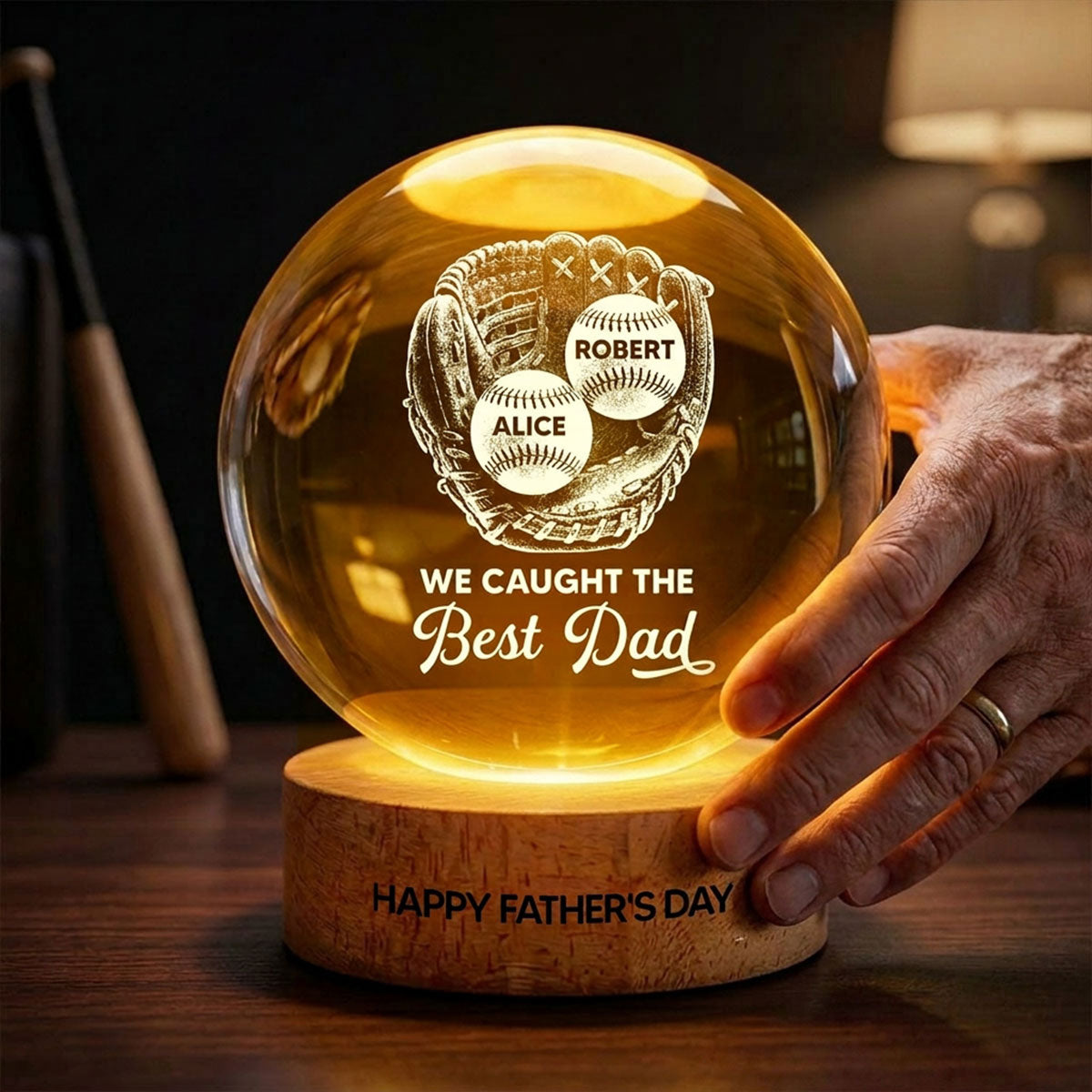 Baseball In Baseball Glove We Caught The Best Dad - Personalized Crystal Ball LED Night Light - Gift For Baseball Dad
