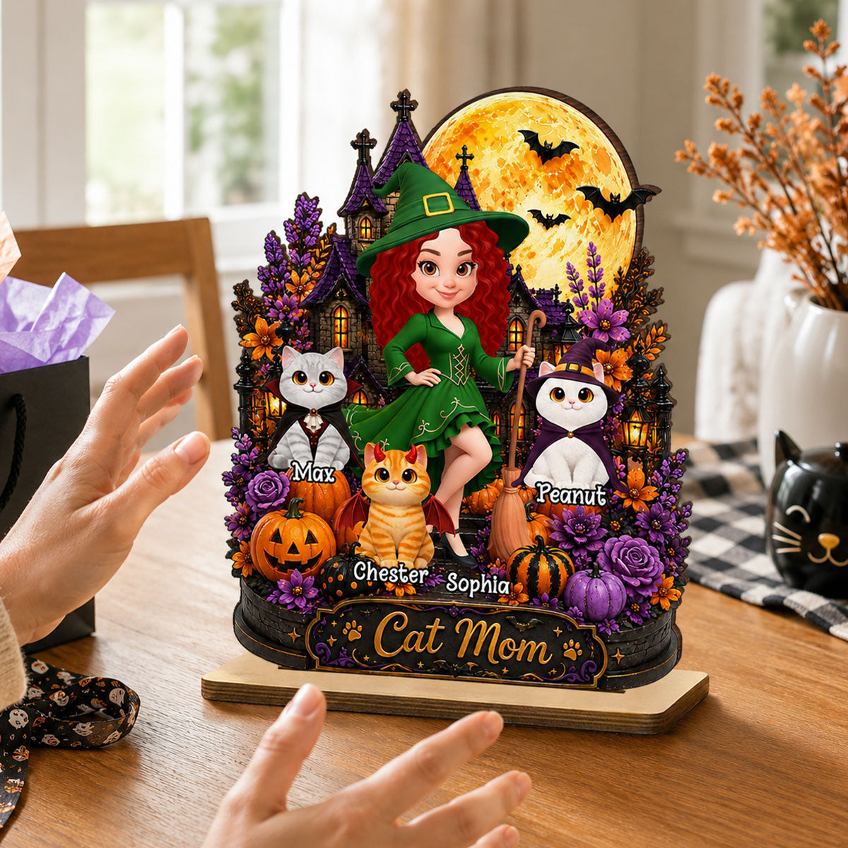 Cat Mom Witch Haunted House Moon - Personalized 2-Layered Wooden Plaque - Halloween Decor Gift, Gift For Cat Lovers