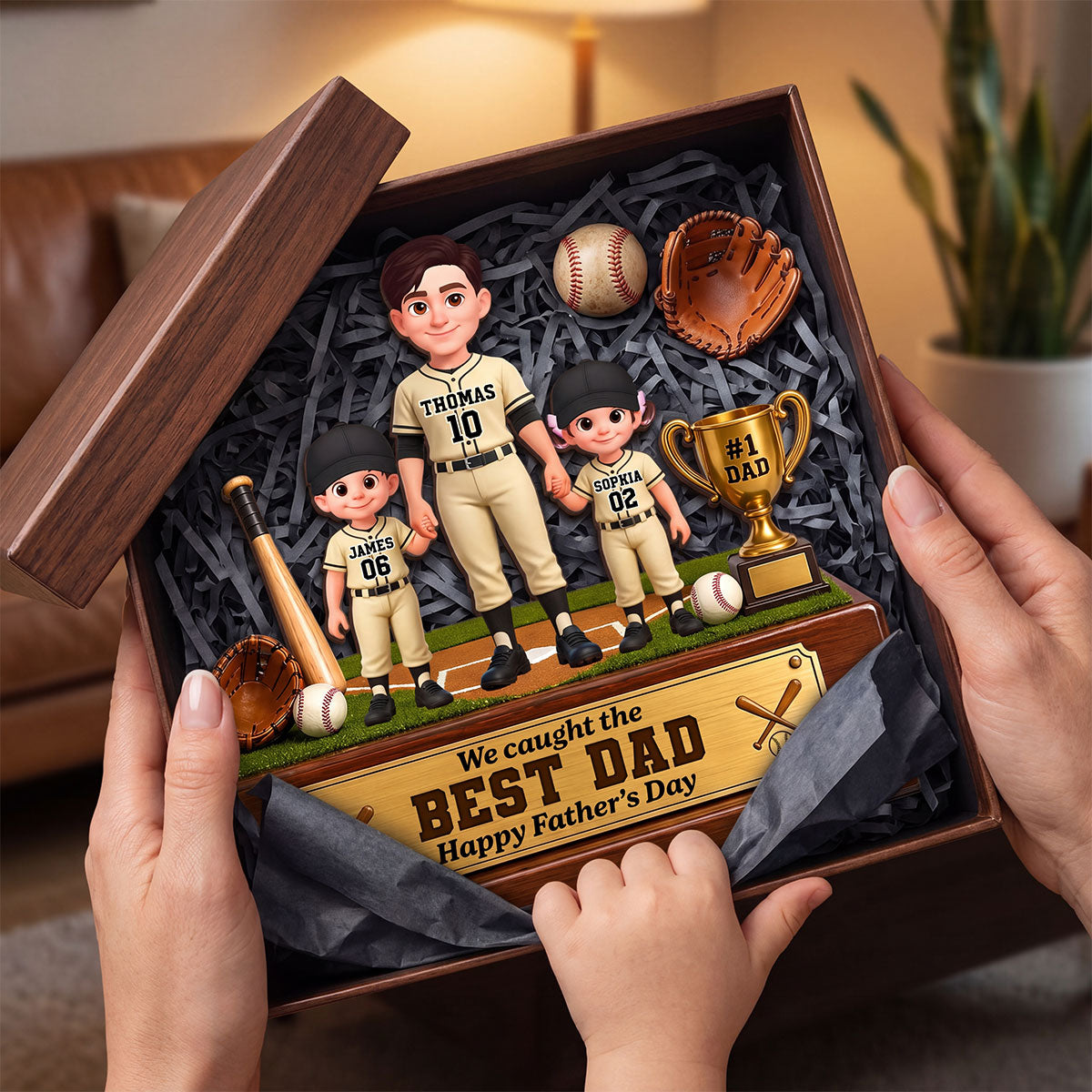 Baseball We Caught The Best Dad - Personalized 2-Layered Wooden Plaque - Gift For Dad
