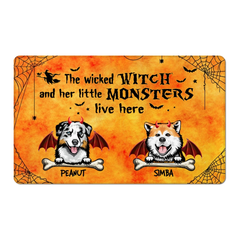Halloween Wicked Witch & Little Monster Dog Personalized Doormat