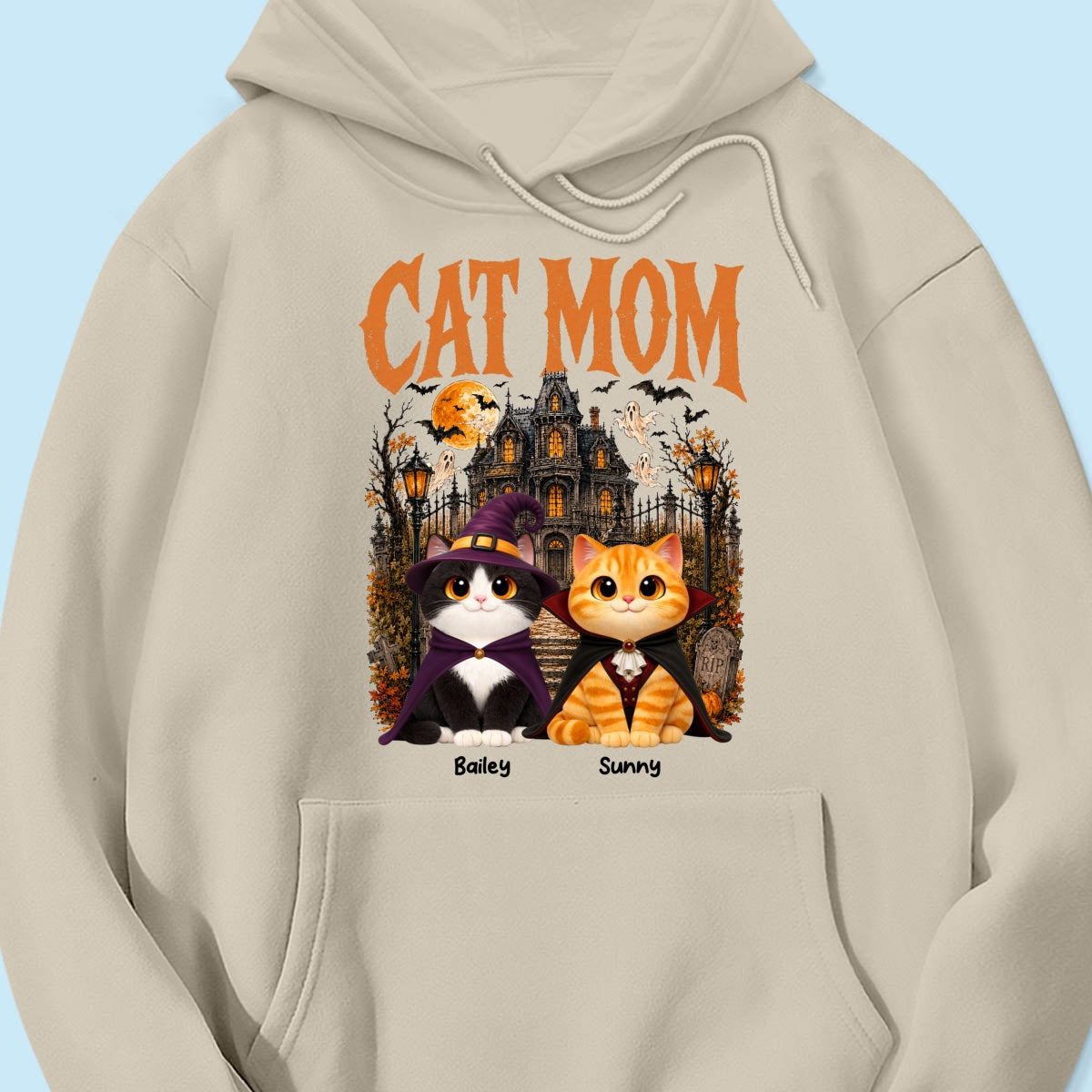 Retro Vintage Halloween Haunted House Cat Mom - Personalized Shirt - Halloween Gift For Cat Lovers