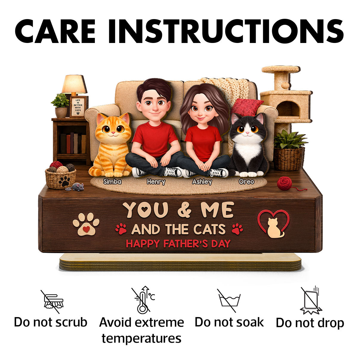 You & Me And The Cats Cozy Room 2D Flat - Personalized 2-Layered Wooden Plaque - Gift For Cat Dad