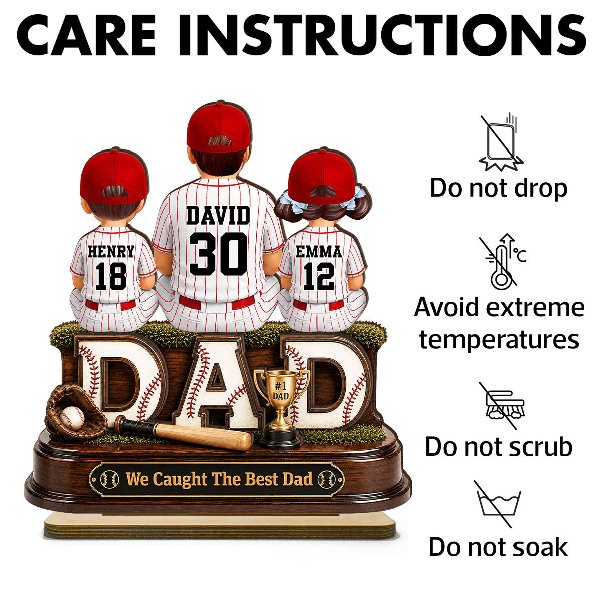 Baseball Dad and Children We Caught the Best Dad - Personalized 2-Layered Wooden Plaque - Gift for Dad, Husband