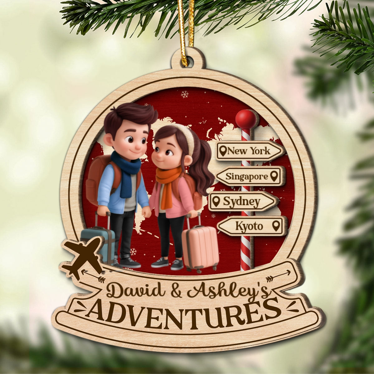 Travel Destination Ornament For Adventure Couple - Personalized Wooden Ornament - Christmas Gift For Him, For Her