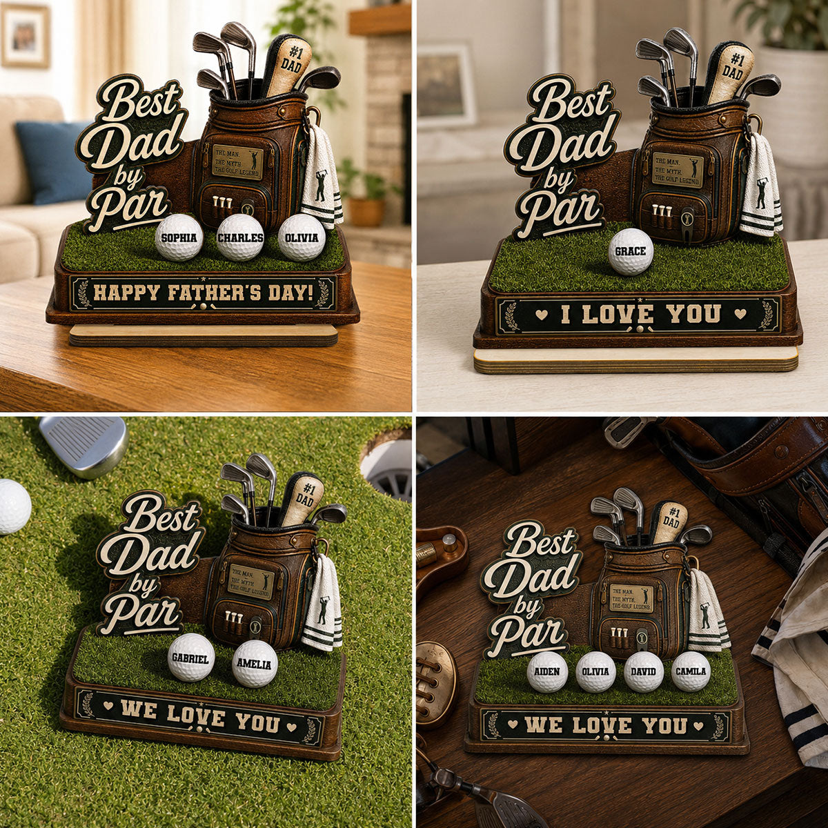 Best Dad By Par Custom Kid Name - Personalized 2-Layered Wooden Plaque - Gift For Golf Dad