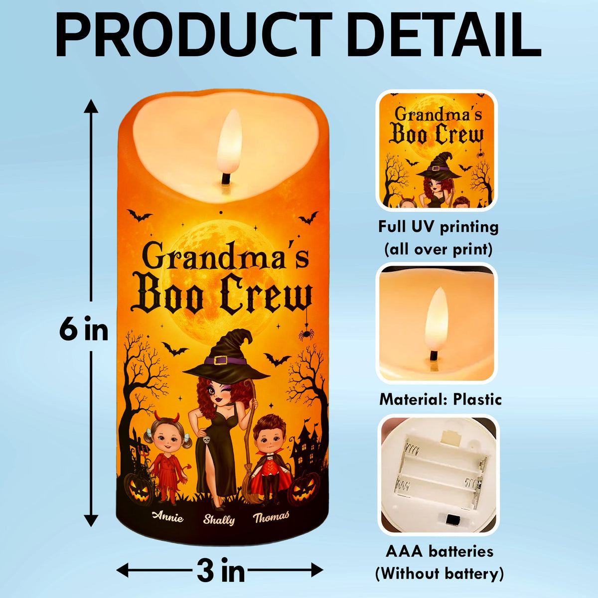 Grandma's Boo Crew Grandma Pretty Witch & Kids - Personalized LED Candle - Perfect Halloween Decor for Grandma