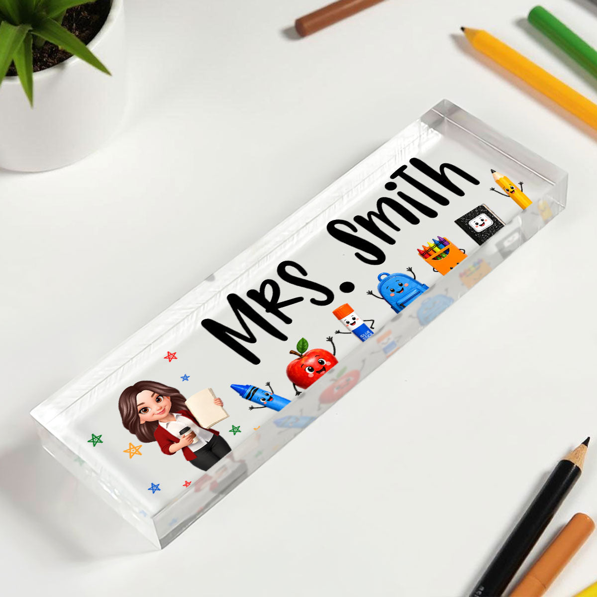 Funny Teacher Life Happy School Suppliers Friends - Personalized Acrylic Desk Name Plate - Back To School Gift For Teacher