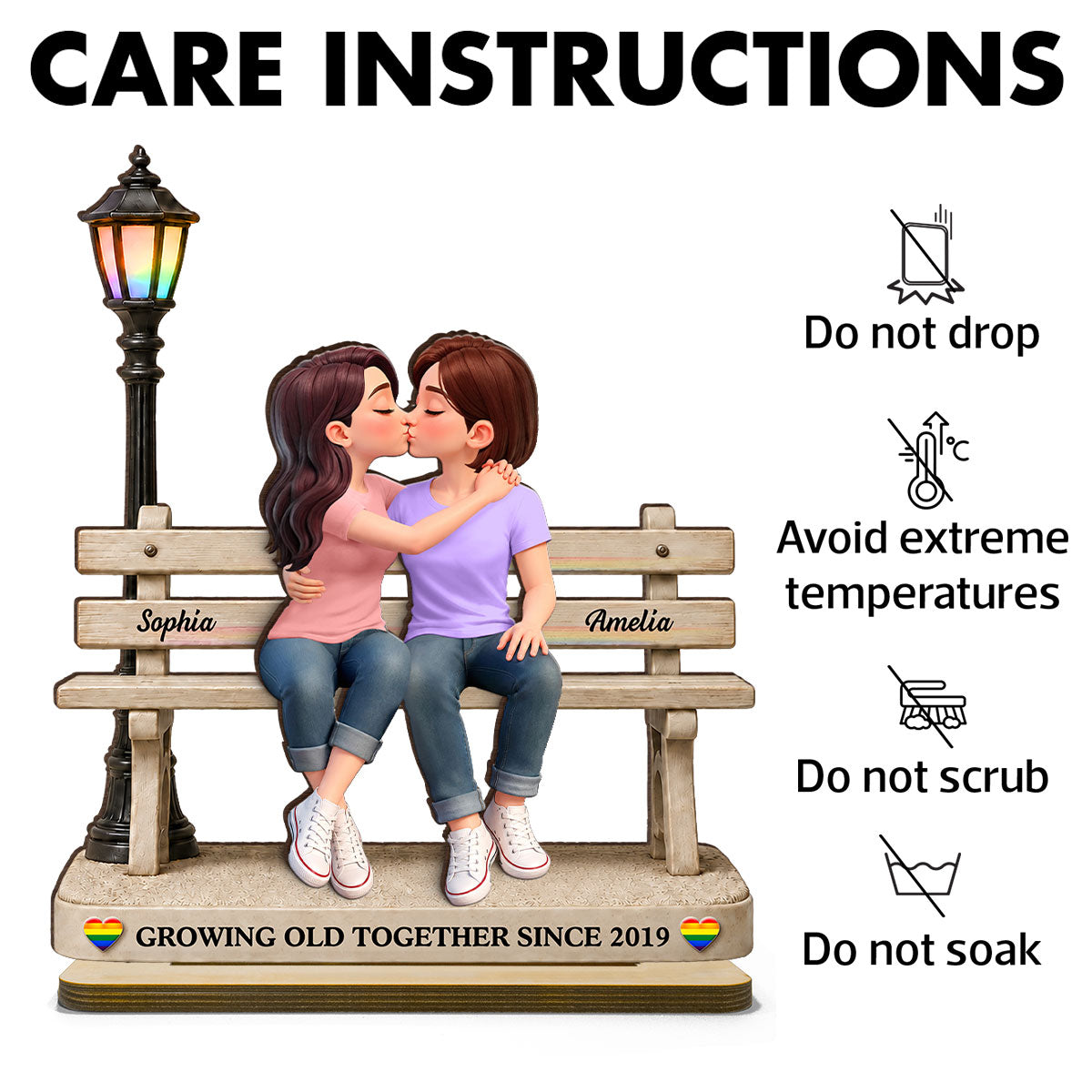 LGBT+ Couple Sitting On Bench - Personalized 2-Layered Wooden Plaque - Gift For Couple, Happy Pride Month
