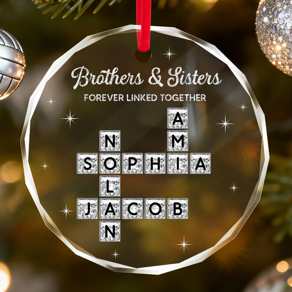 3D Shining Effect Brothers Sisters Crossword Puzzle Art - Personalized Glass Ornament - Christmas Gift For Siblings, Brothers, Sisters