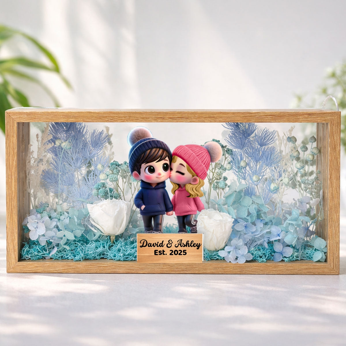 Eternal Love Cute Cartoon Chibi Couple Couple - Personalized DIY Flower Shadow Box LED Night Light - Gift For Couple, For Him, For Her
