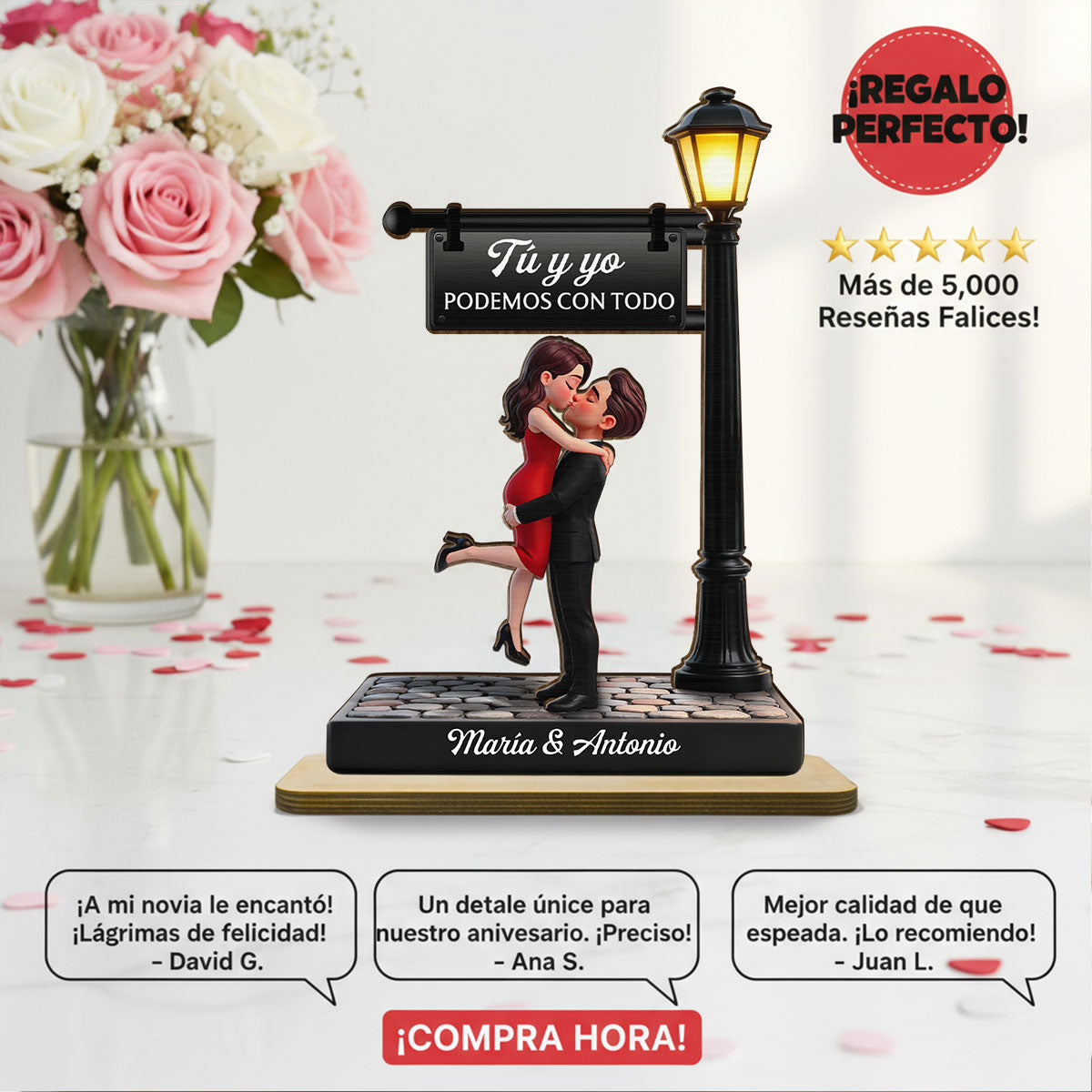 Romantic Spanish Couple Hugging Kissing Under Street Lamp Post - Personalized 2-Layered Wooden Plaque - Heartfelt Gift For Couple