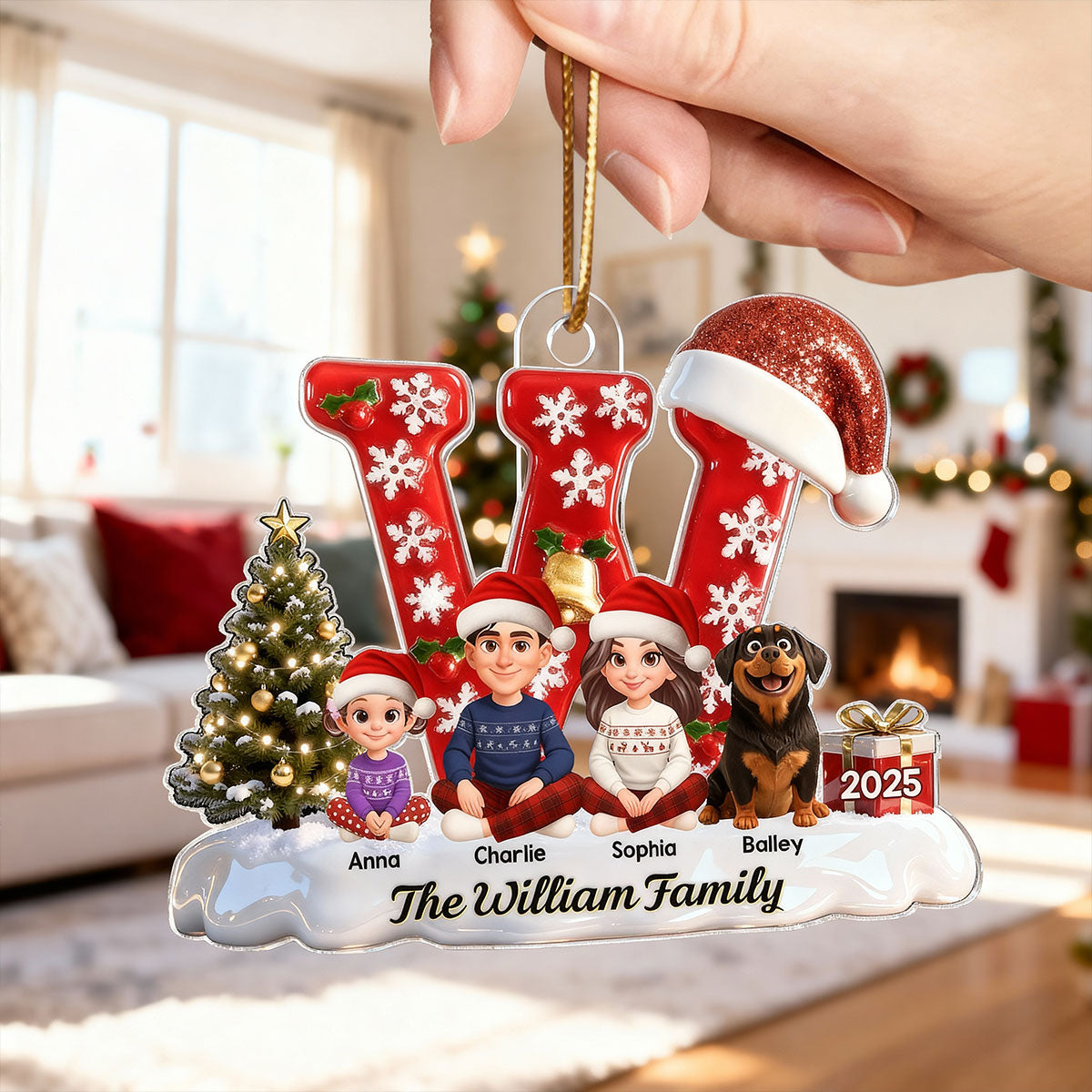3D Effect Christmas Festive Family Name Initial Beautiful Family Together - Personalized Acrylic Ornament - Gift For Family