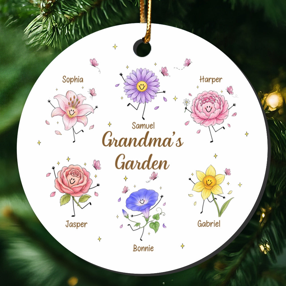 Grandma's Little Blooms Cute Doodle Birth Month Flowers - Personalized Ceramic Ornament - Home Decor Gift, Birthday Gift For Grandma