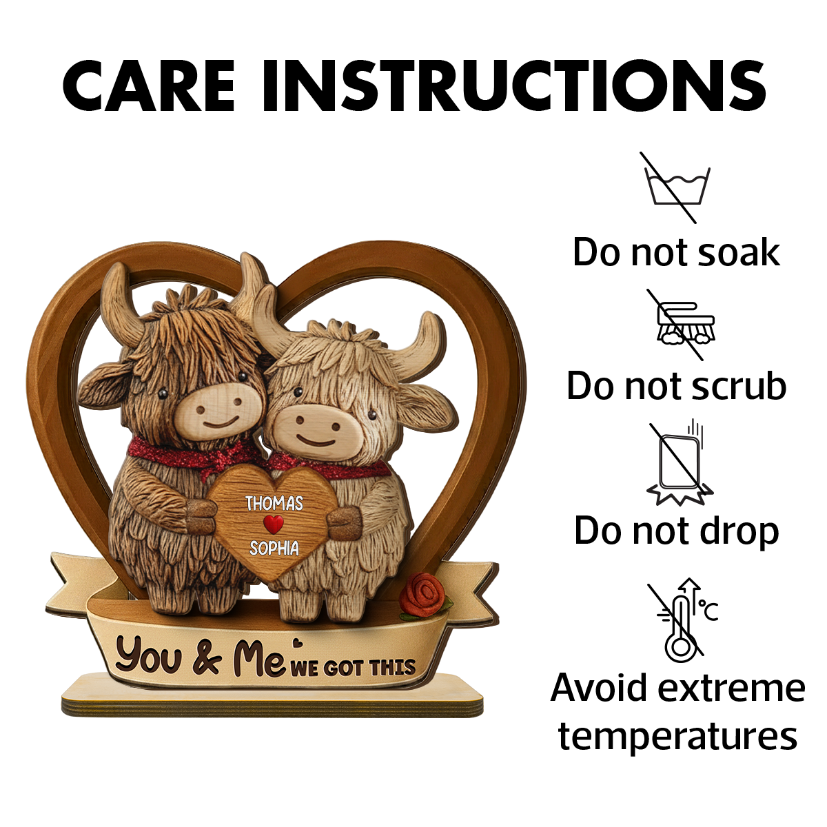 3D Effect Highland Cows Couple Heart - Personalized 2-Layered Wooden Plaque - Perfect Valentine's Day Gift For Him, Gift For Her