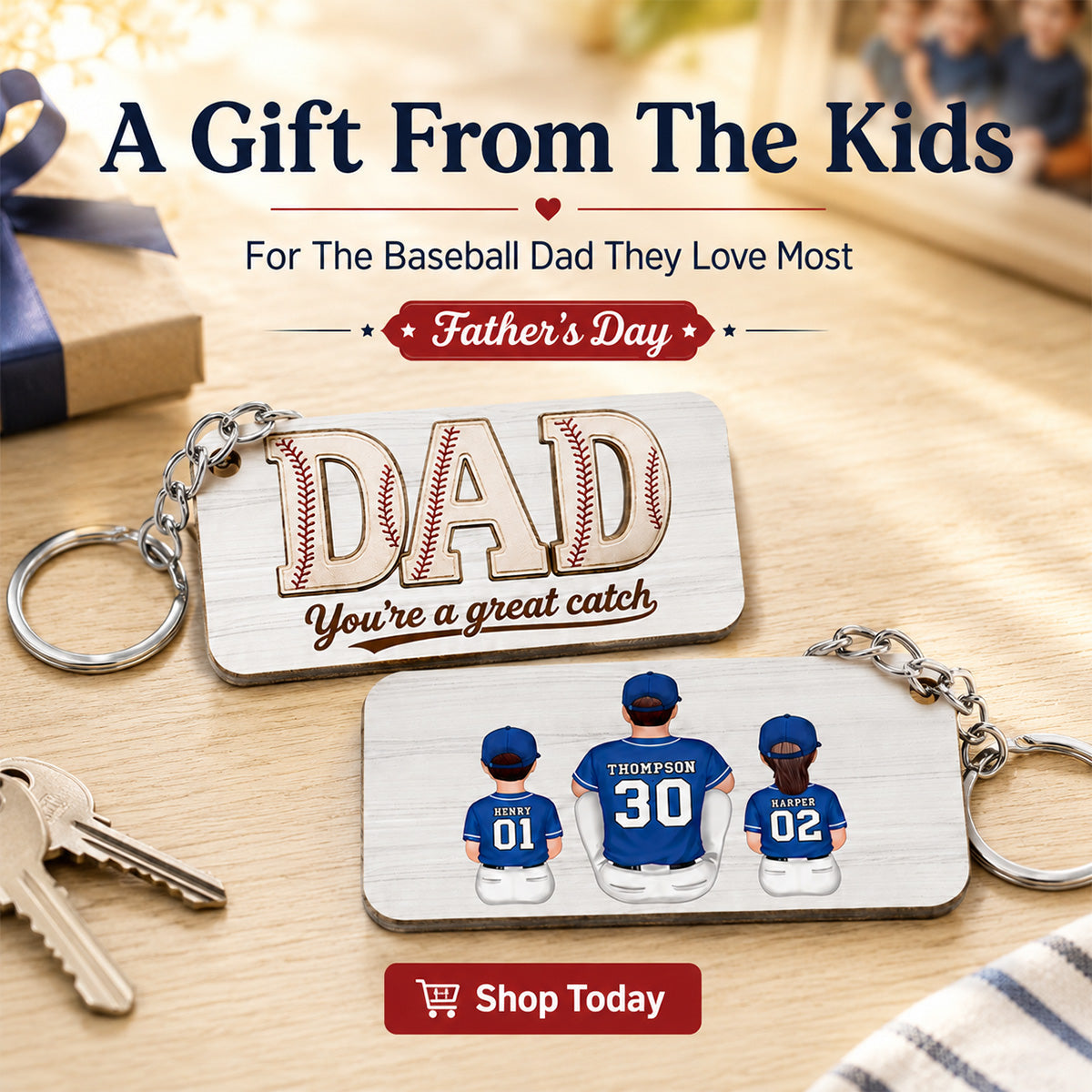 Dad We Love You Baseball Man & Kids Sitting - Personalized Wooden Keychain - Father's Day Gift For Basketball Dad