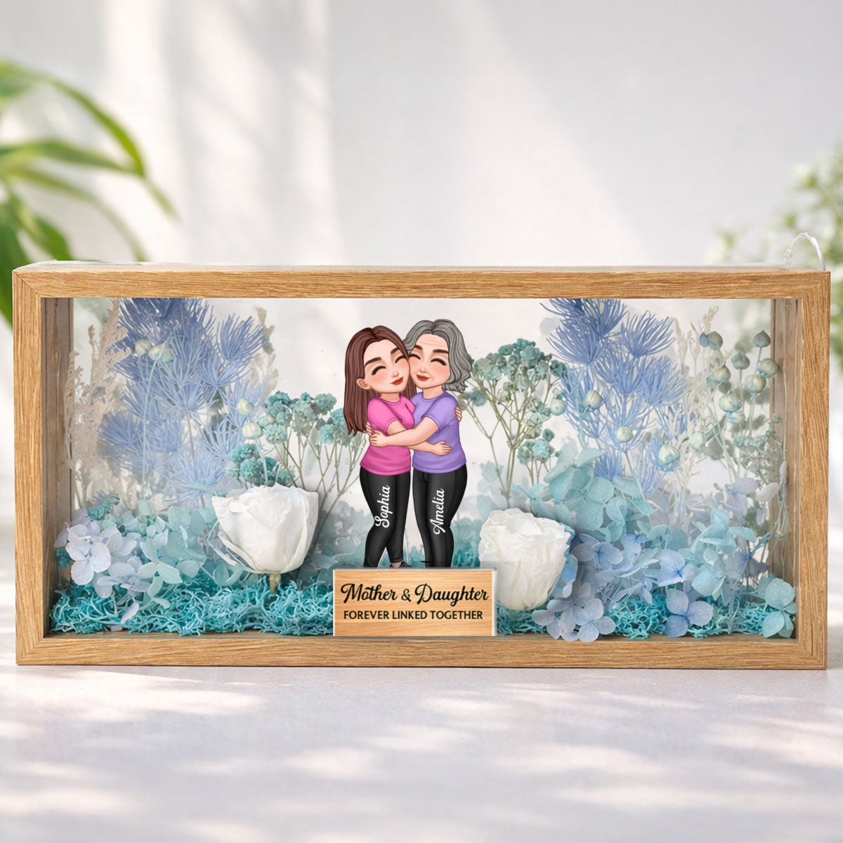 Mom & Daughter Forever Linked Together - Personalized DIY Flower Shadow Box LED Night Light - Gift For Mom, Daughter