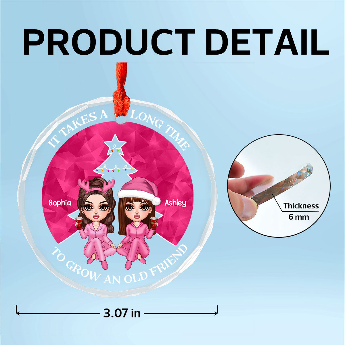 Pink Christmas Besties Sister Christmas Tree Personalized Glass Ornament